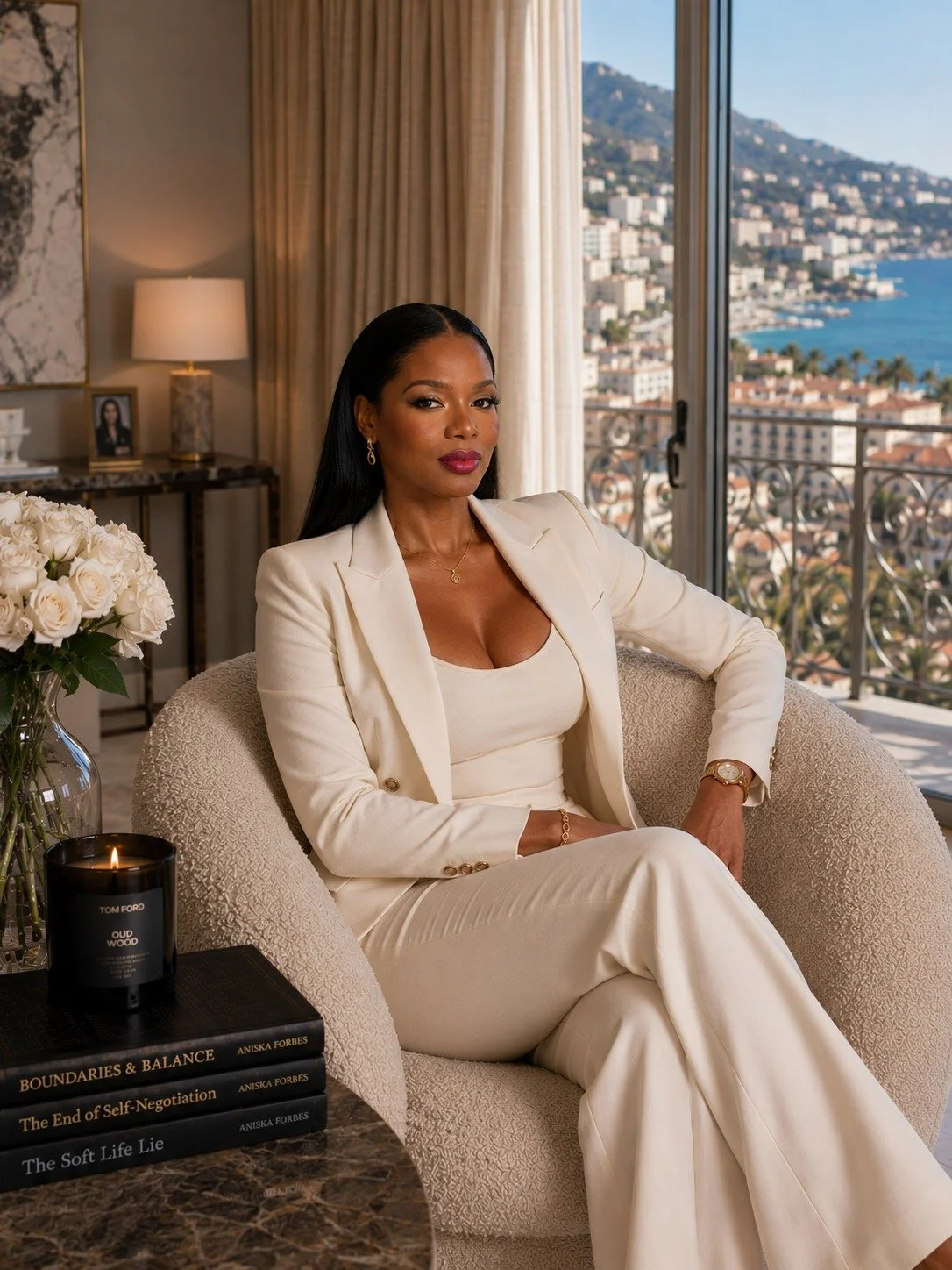 A woman in an elegant cream-colored suit sitting in a luxurious room with a city view.