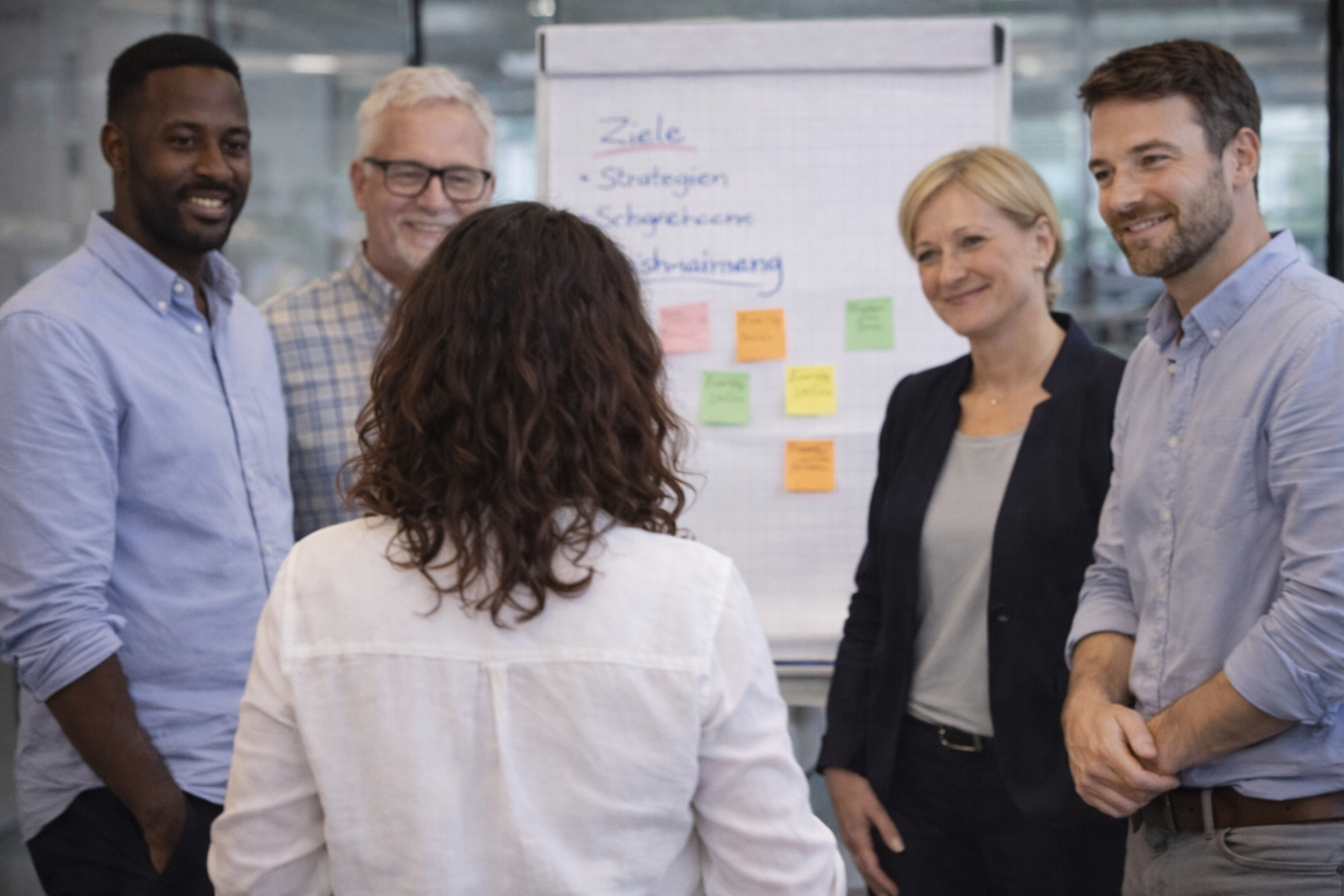 Eine Gruppe von fünf Menschen, die in einem Meetingraum stehen und sich angeregt unterhalten. Im Hintergrund ein Flipchart mit Notizen und Stichpunkten.