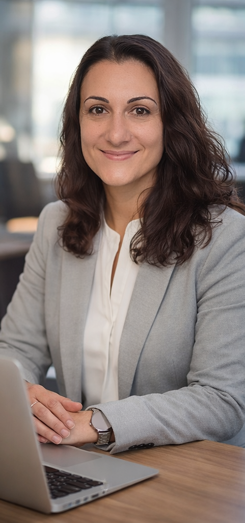 Eine professionelle Frau sitzt an einem Schreibtisch mit einem Laptop, lächelt und trägt eine graue Blazer und weiße Bluse in einem modernen Büro.
