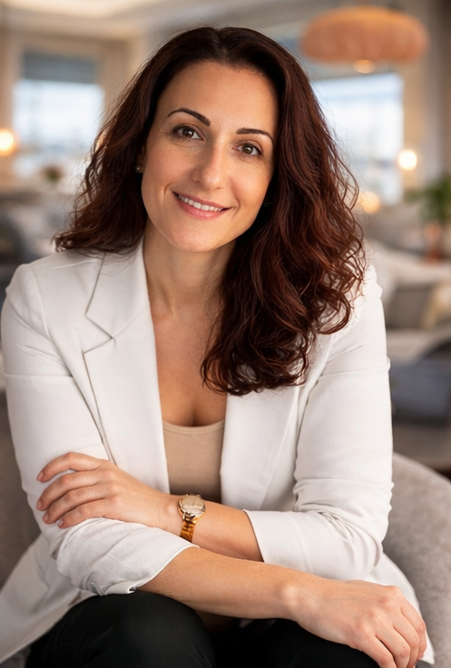 Eine lächelnde Frau mit braunen, lockigen Haaren, in einem weißen Blazer, sitzt in einem gemütlichen, modern eingerichteten Raum.