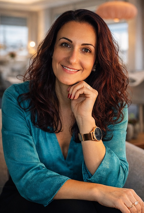 Lächelnde Frau mit braunen, lockigen Haaren, trägt eine blaue Bluse und eine goldene Uhr, sitzt in einem hellen, modernen Raum.