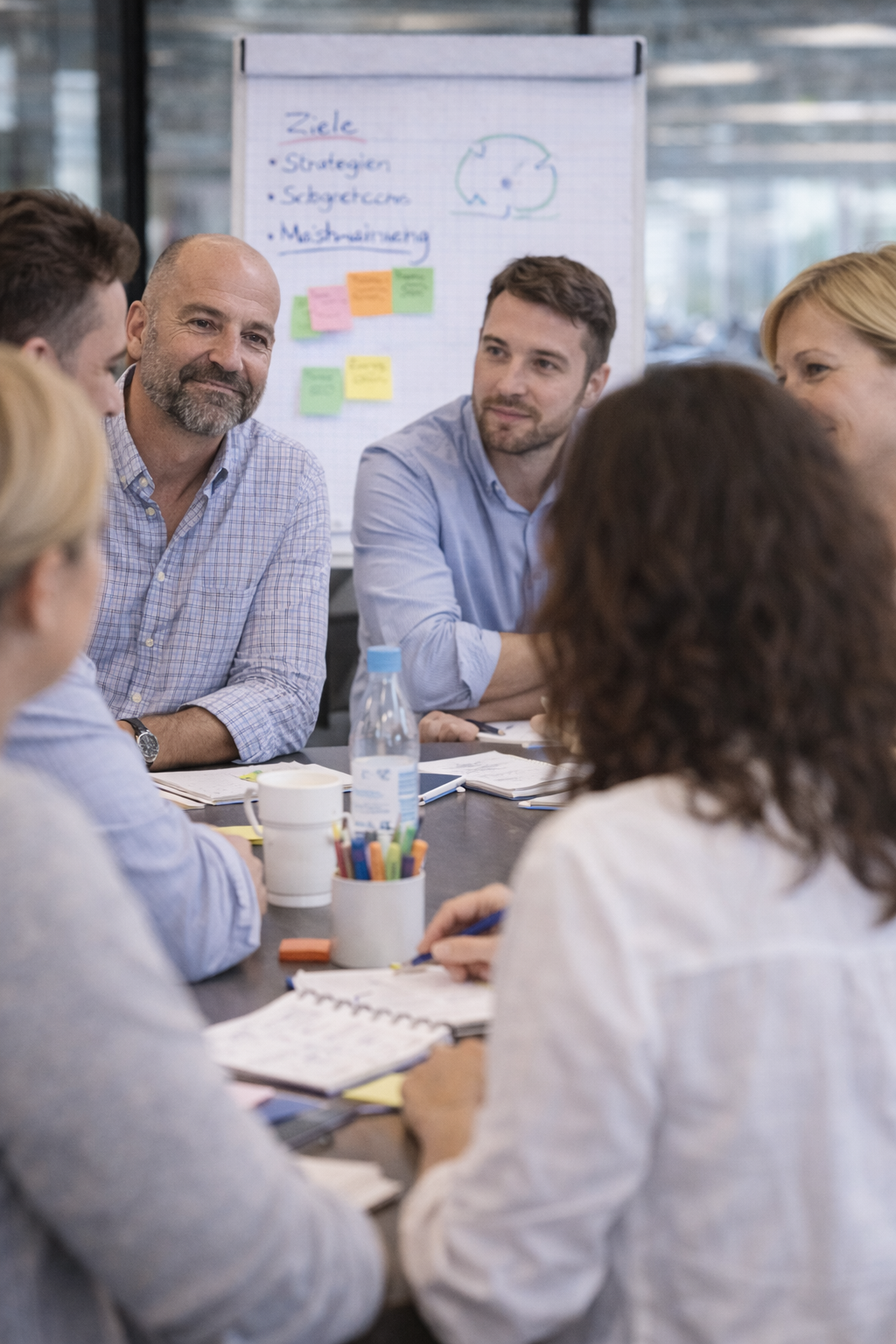 Menschen in einem Meetingraum bei einer Besprechung, im Hintergrund ein Whiteboard mit Notizen und Diagrammen.