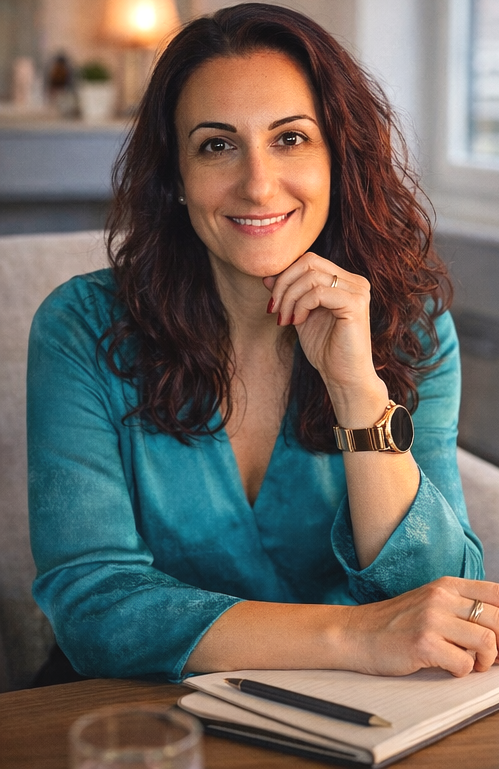 Eine lächelnde Frau mit braunen, lockigen Haaren trägt eine Türkisbluse und eine Uhr am Handgelenk, sitzt an einem Tisch mit einem offenen Notizbuch und einem Stift, im Hintergrund ein helles, gemütliches Wohnzimmer.