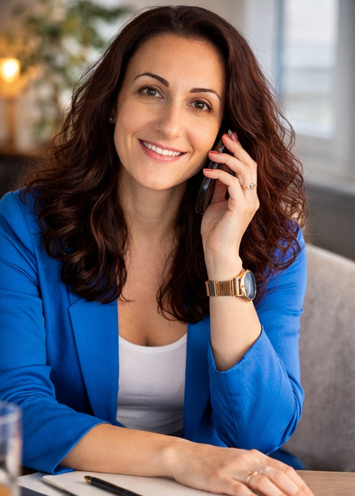 Eine lächelnde Frau mit braunen, lockigen Haaren trägt eine blaue Blazer und spricht am Smartphone.