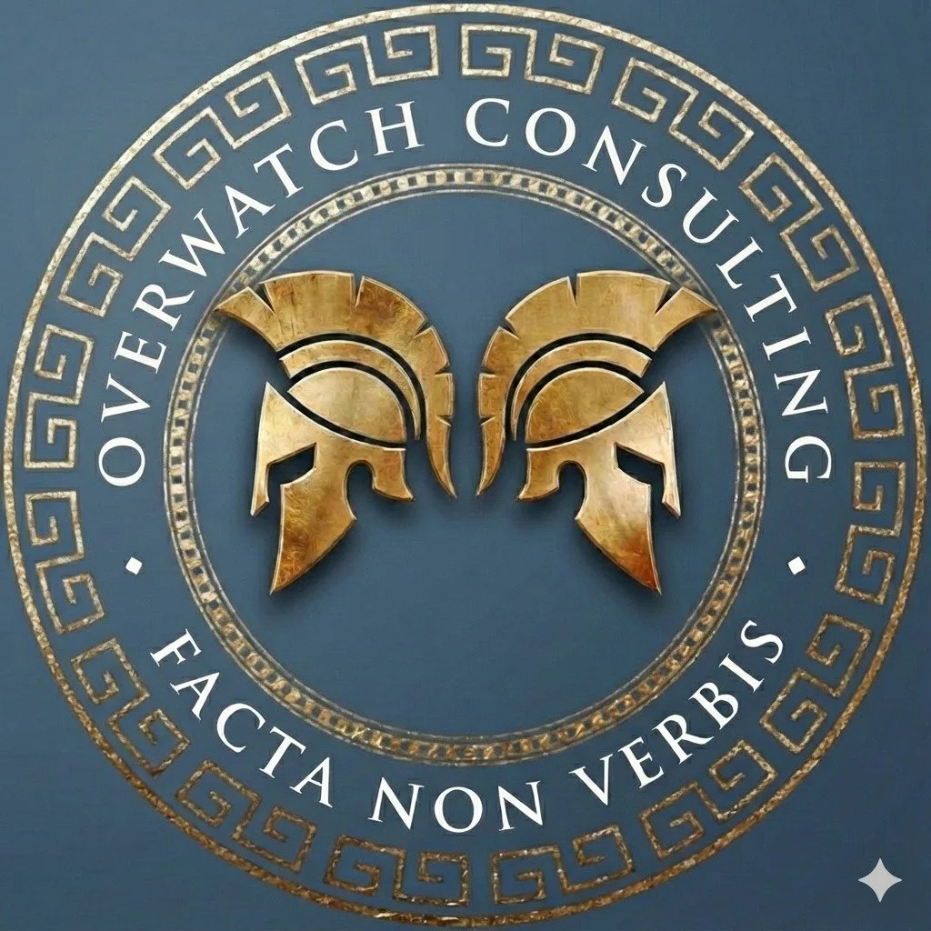 Escudo del Overwatch Consulting: representa la mirada hacia Oriente y Occidente con amplia visión estratégica. Representa valores y fortaleza. El lema "Hechos no palabras" es el ADN que identifica nuestro trabajo.