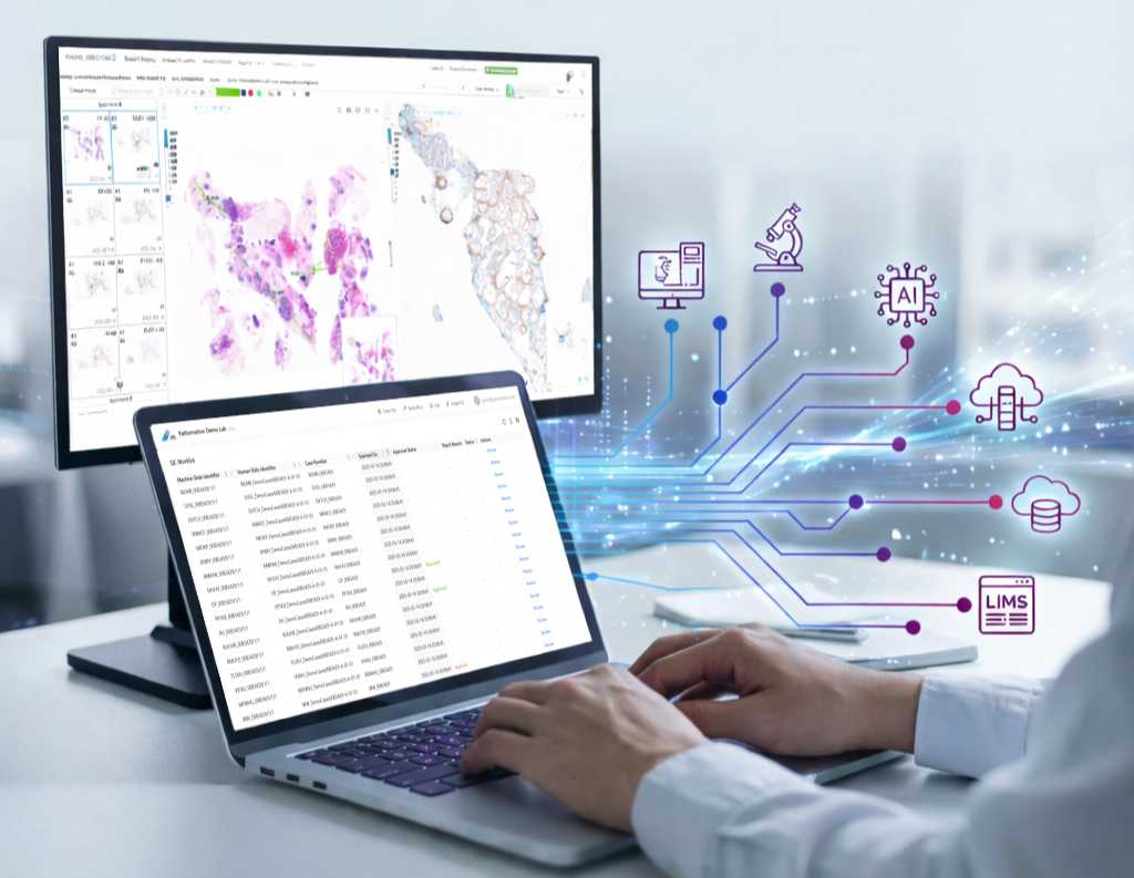 The diagnostic IMS from pathomation, connecting with AI, LIS, LIMS, Scanners, Stainers