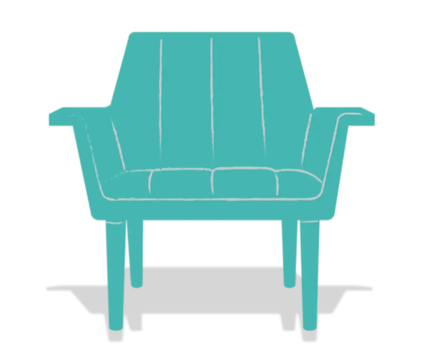 A stylized drawing of a vintage mid-century modern armchair with a teal-colored cushion, wooden legs, and angled armrests.