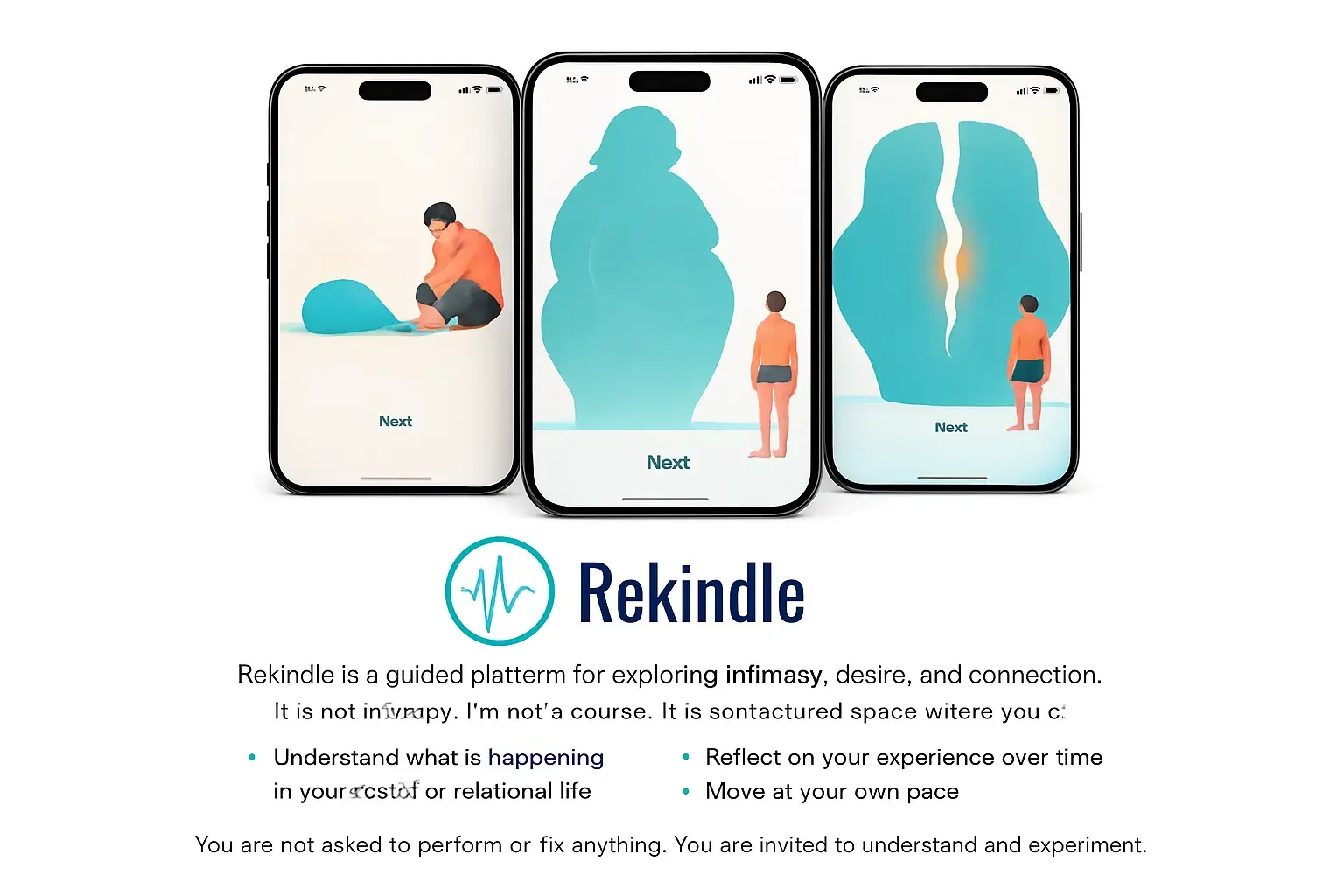 Three smartphones displaying animations of a person and a large shape, with the center phone showing a person looking at a large heart-shaped figure. Below, there is a logo with a heart rate icon and the word "Rekindle" followed by descriptive text.