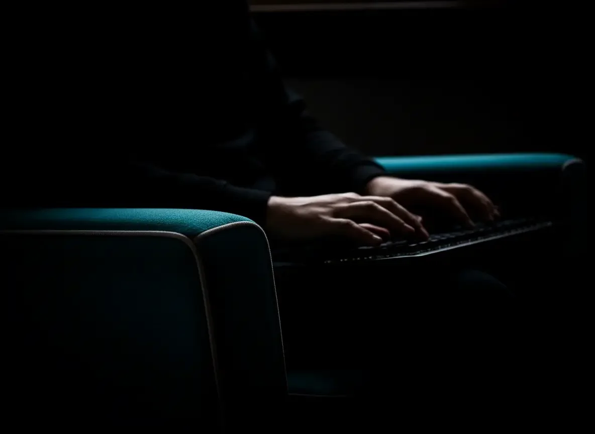 Person playing piano in a dark room, hands on keys, with only subtle lighting illuminating the scene.