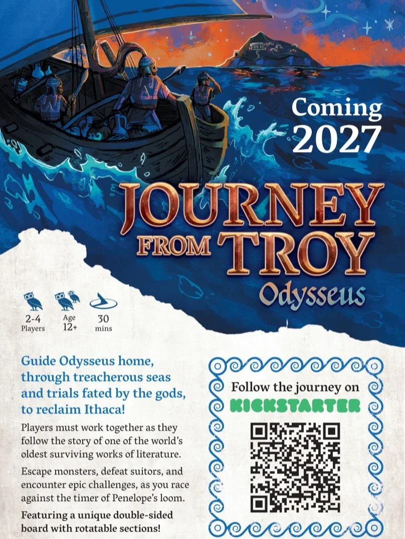 We had our first playtests of Journey From Troy: Odysseus at Airecon 4 weeks ago today! 

Journey From Troy is a co-operative game, where players must work together to get Odysseus home. It features a double sided board, made up of triangular section