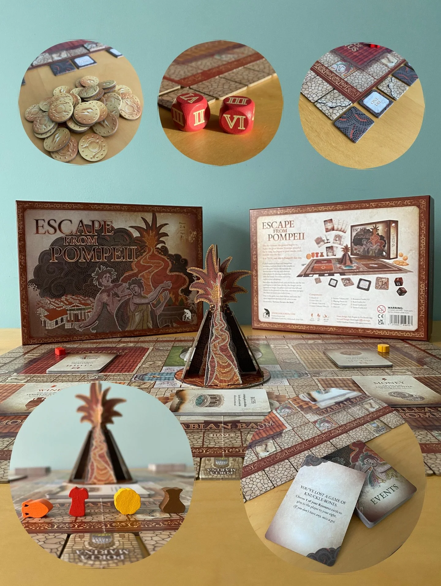 Wooden dice, wooden player pieces, cardboard tokens, paper wrapped cards. Escape From Pompeii uses as little plastic as possible, including in its packaging! All the components are made from wood, card, or paper, and are packaged in paper packaging.
