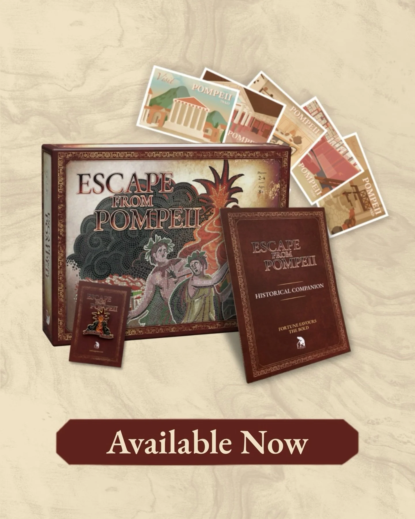 The Escape From Pompeii historical companion, postcards, and pin badge are now available online! 

You can now find these, alongside the original Escape From Pompeii board game, on our website (exekiasgames.com).