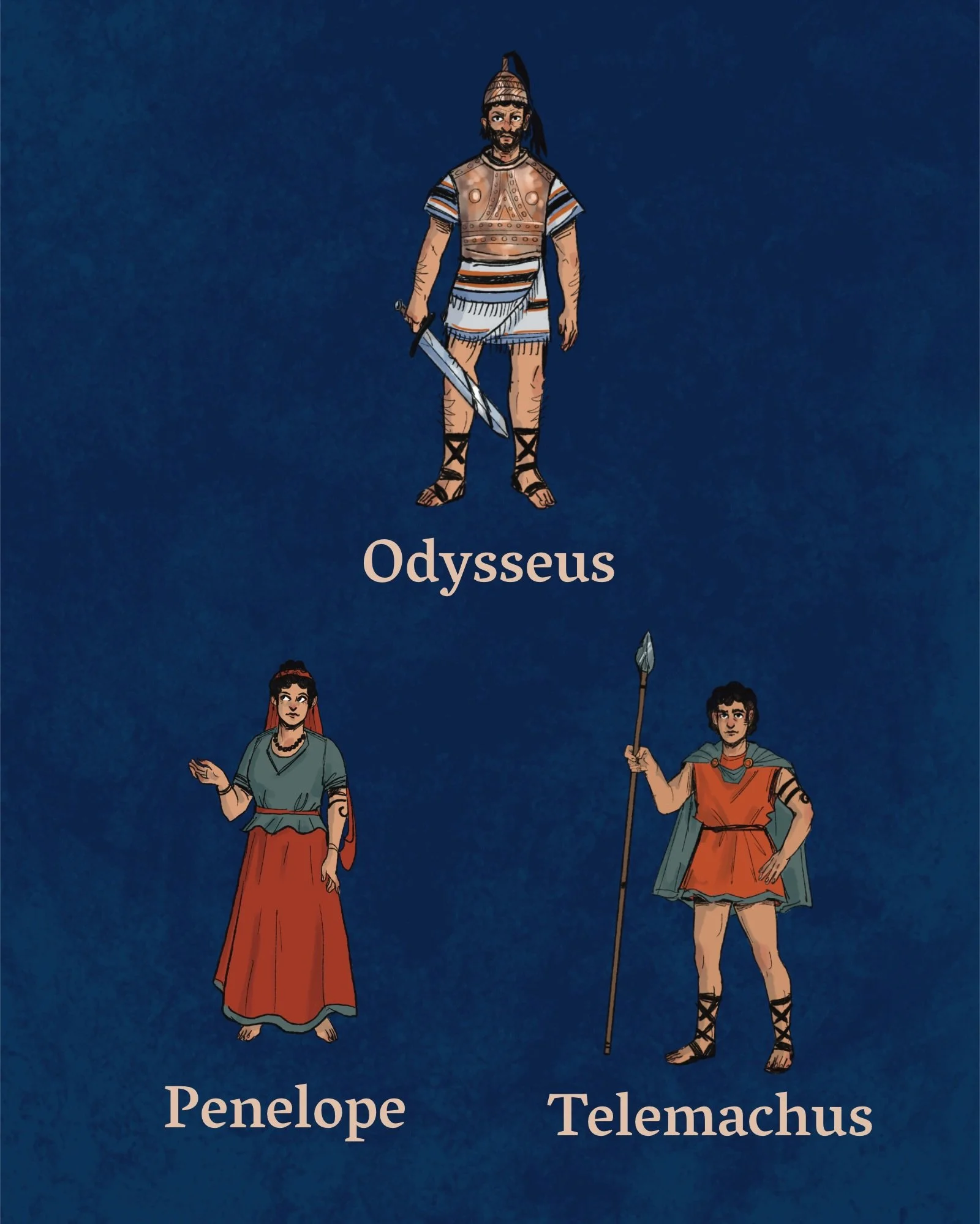 New character token art for Journey From Troy: Odysseus, illustrated by Lizzie Styles (@too.small.for.you)! 
We&rsquo;re starting with Odysseus and family - Odysseus, Penelope, and Telemachus.
This is set 1/3. There will be more to come! 👀