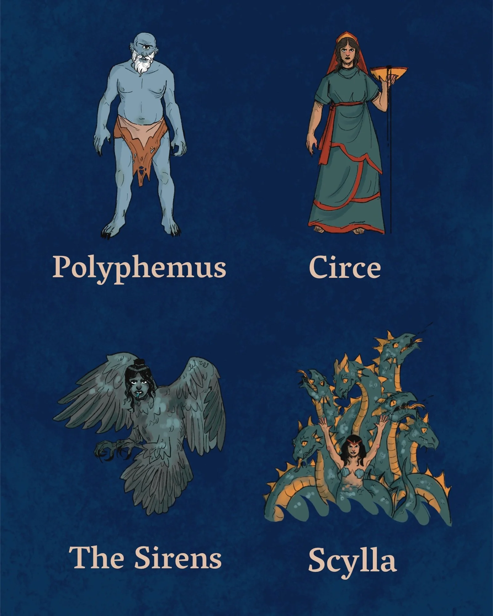 Set 2/3 of the new character token art for Journey From Troy: Odysseus! 
These brilliant illustrations are done by Lizzie Styles (@too.small.for.you) and make up the enemies for side 1 of the Journey From Troy board.