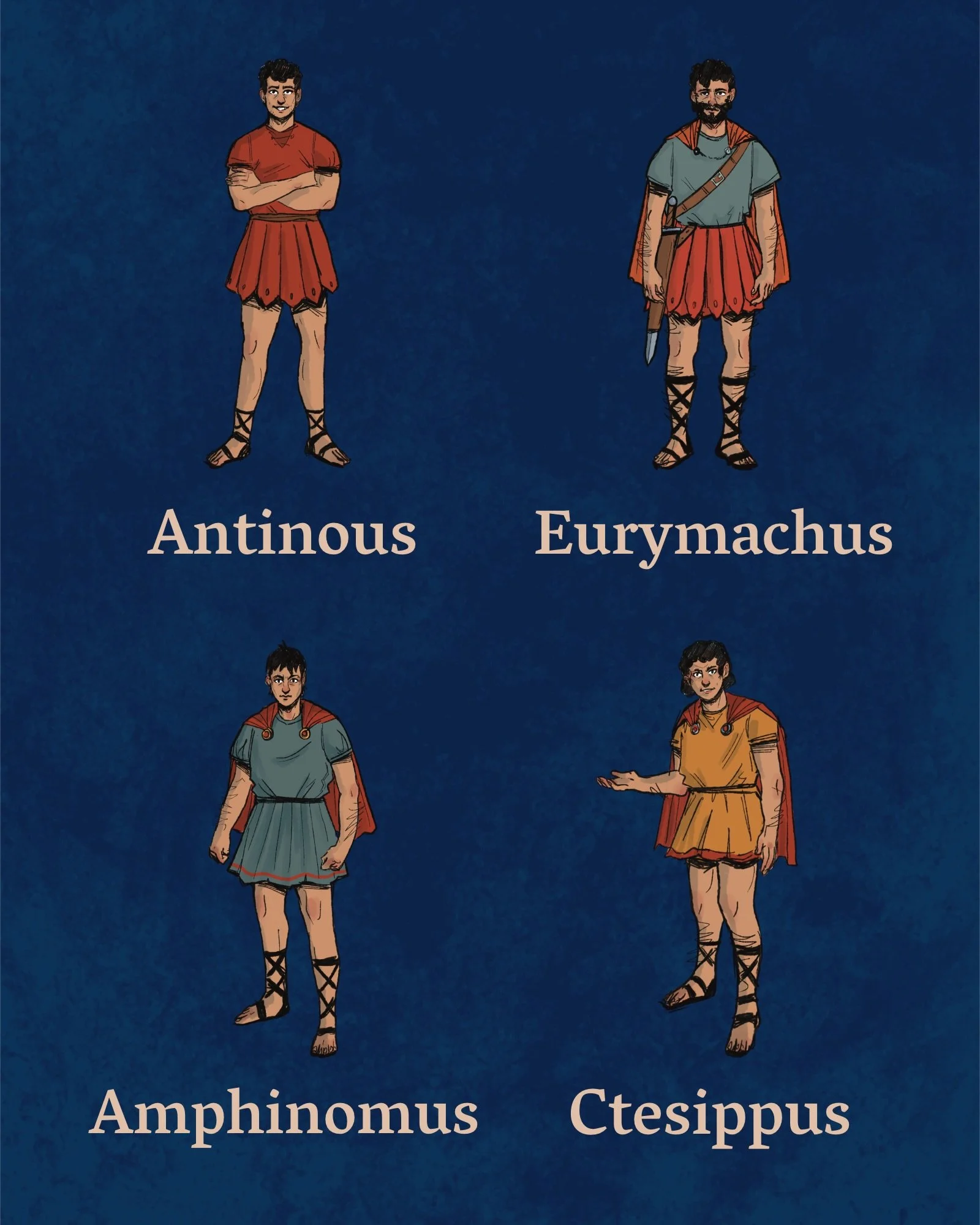 Set 3/3 of the new character token art for Journey From Troy: Odysseus - the suitors!
These 4 suitors make up the enemies of side 2 of the Journey From Troy board. Odysseus and Telemachus must defeat them to take back their home on Ithaca.
These illu