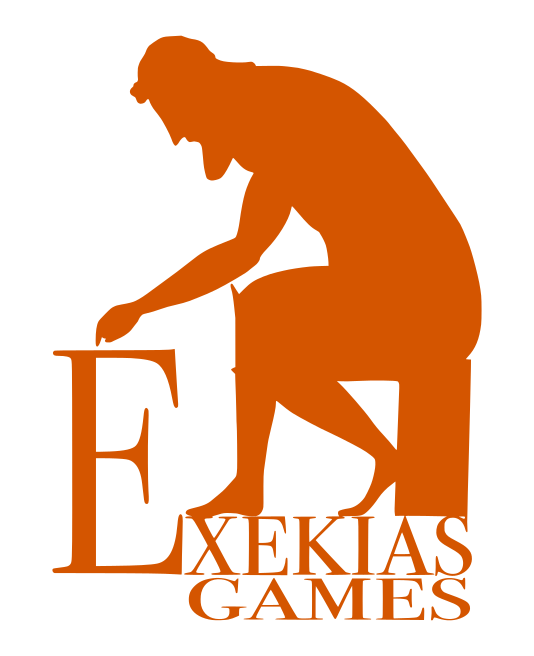 Orange Exekias Games logo. A seated figure in the style of ancient Greek red figure pottery leans forwards to pick something up of the E of Exekias Games