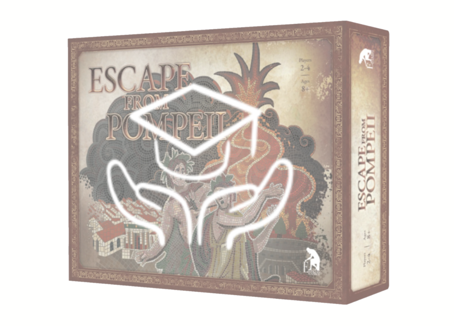 The box of the Escape From Pompeii board game with a symbol on top of a graduation cap above two hands
