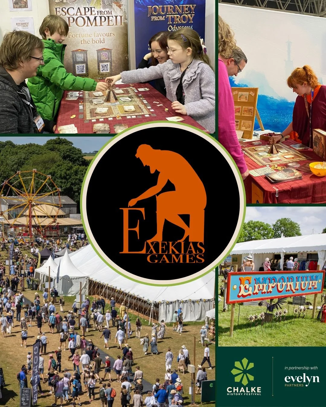 Images of the Exekias Games stall (playing the Escape From Pompeii board game) and images of the Chalke History Festival tents and crowds, with the logos of the festival and Exekias Games