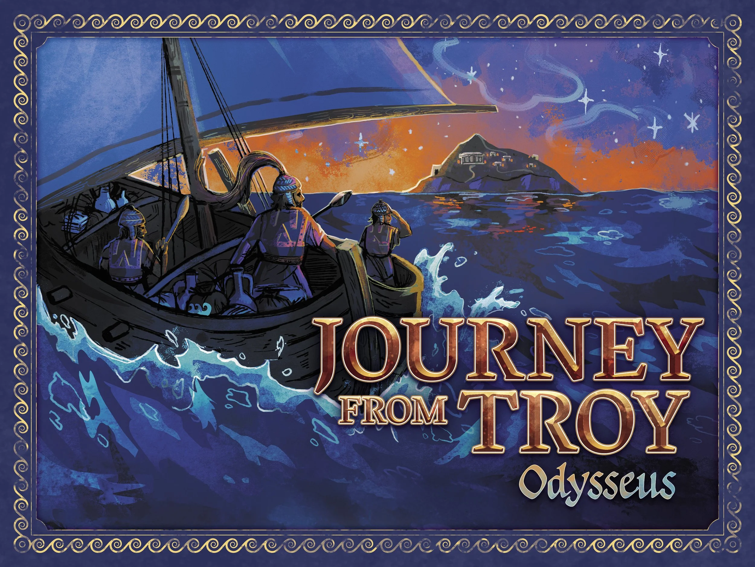 The box artwork for the board game Journey From Troy: Odysseus. Odysseus and two other men in Mycenaean armour look towards an island in the distance from a ship on choppy blue water. There is a wave pattern border around the edge.
