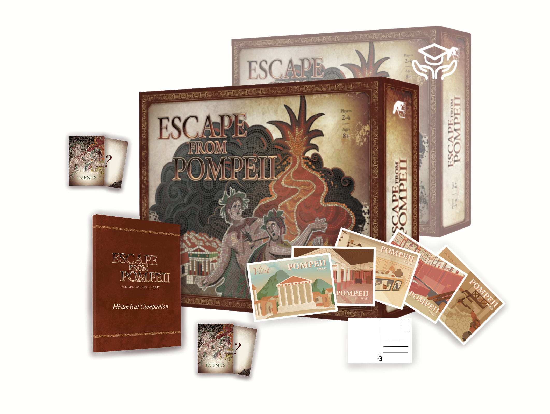 A board game box for Escape From Pompeii. Behing it is a second box with a logo of a graduation cap above two hands. Around the boxes are a collection of postcards, a book reading 'historical companion', and two playing cards with question marks