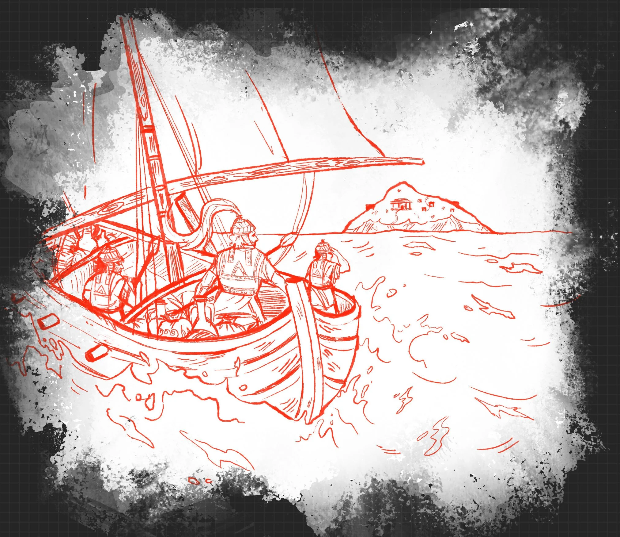 line art for the box image of Journey From Troy: Odysseus, showing Odysseus and 2 men in a boat looking towards an island in the distance