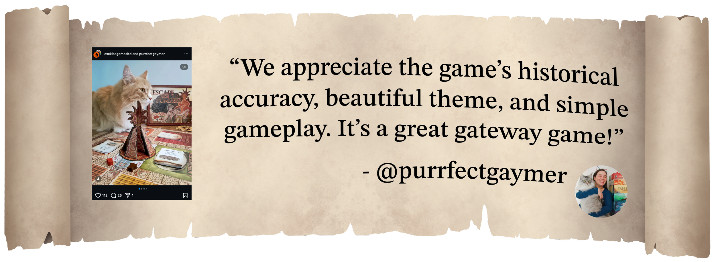 A quote on a scroll reading 'we appreciate the game's historical accuracy, beautiful theme, and simple gameplay. It's a great gateway game!'