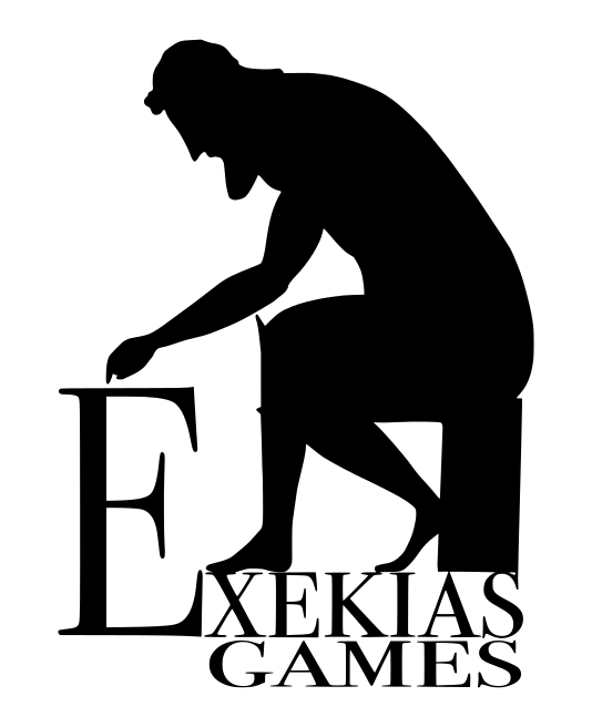 A black logo reading Exekias Games. A silhouetted seated figure in the style of ancient Greek black figure pottery leans forward to pick something up from the top of the E of Exekias Games