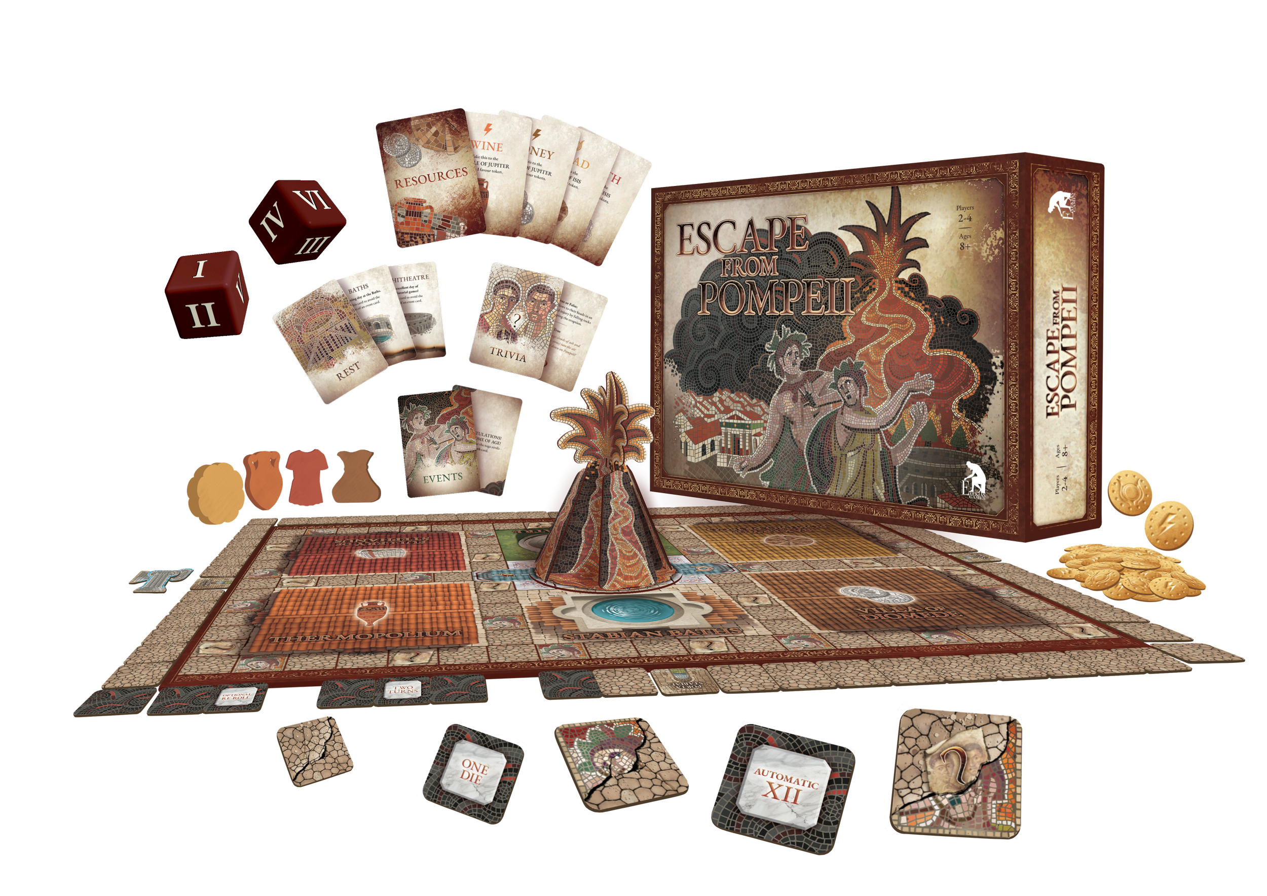The Escape From Pompeii board game with all the components shown around the board. There are four types of cards fanned out, four wooden playing pieces, two dice with Roman numerals, gold tokens, tiles showing various designs, a box, and a 3D volcano