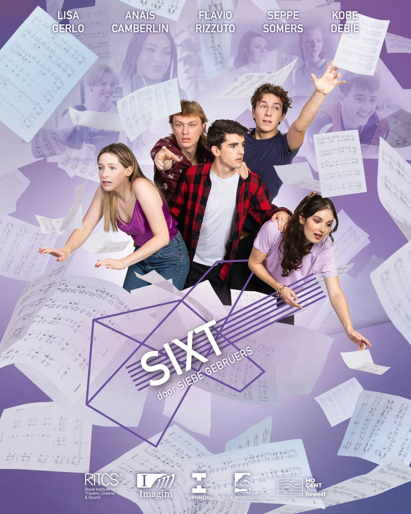 A group of five young people surrounded by flying sheets of music and poster with the title 'SIXT' and Dutch text 'door SIEBE GEBRUEERS'.