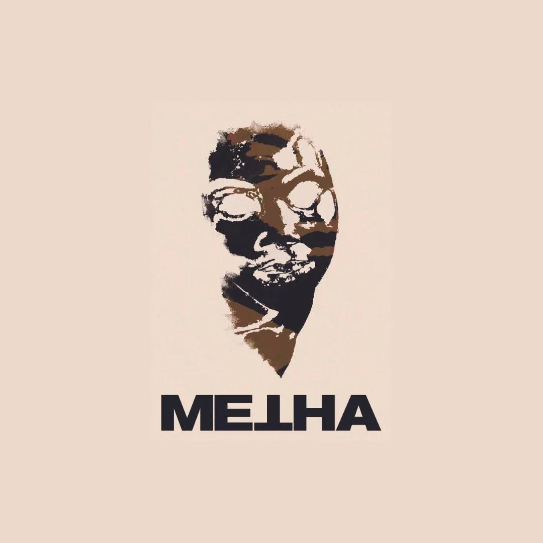 Stylized black, brown, and beige illustration of a smiling woman with glasses and short hair, with the word "METHA" in bold black letters below.