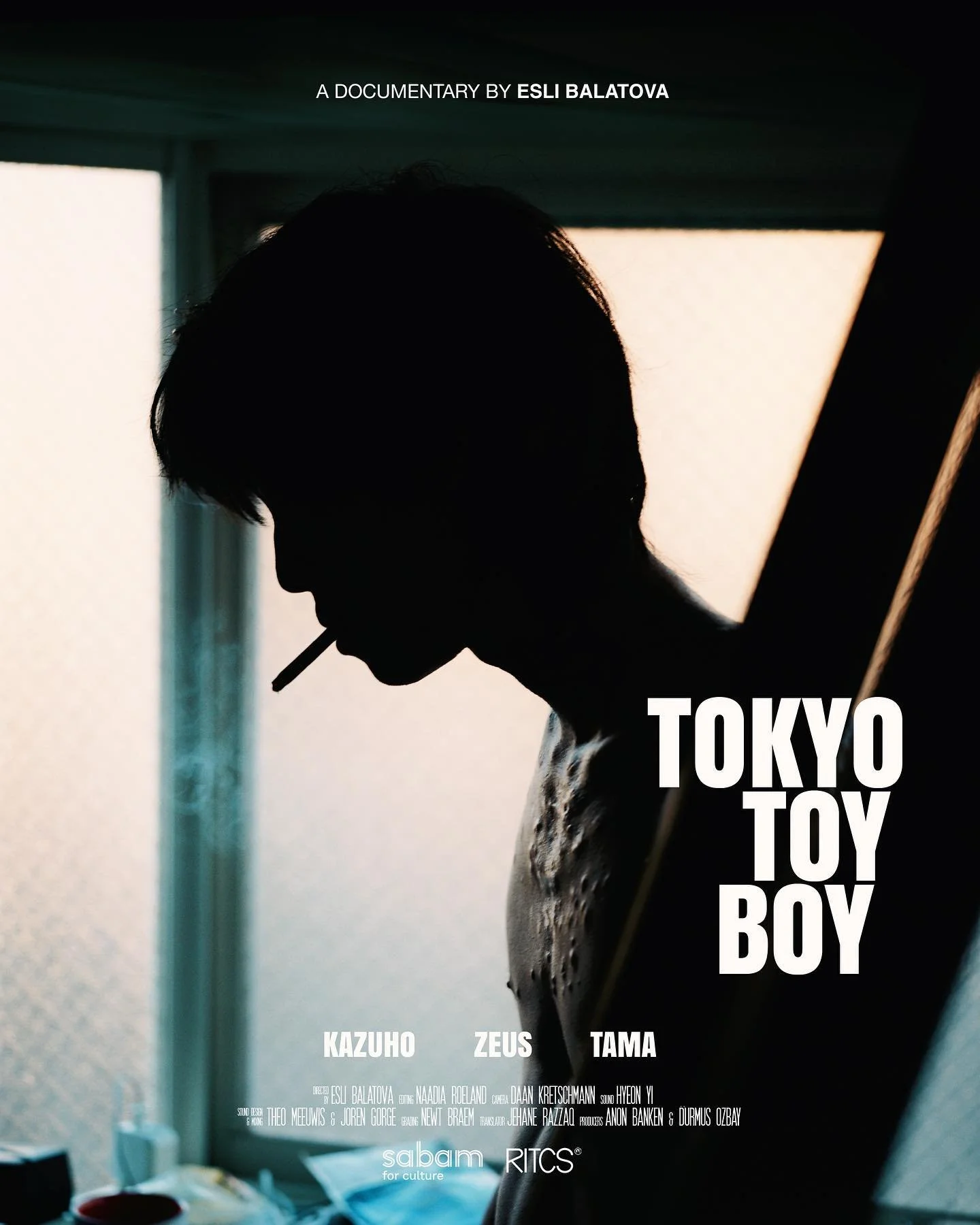 Silhouette of a person with a cigarette in their mouth, standing near a window with backlighting, promoting the documentary 'Tokyo Toy Boy'.