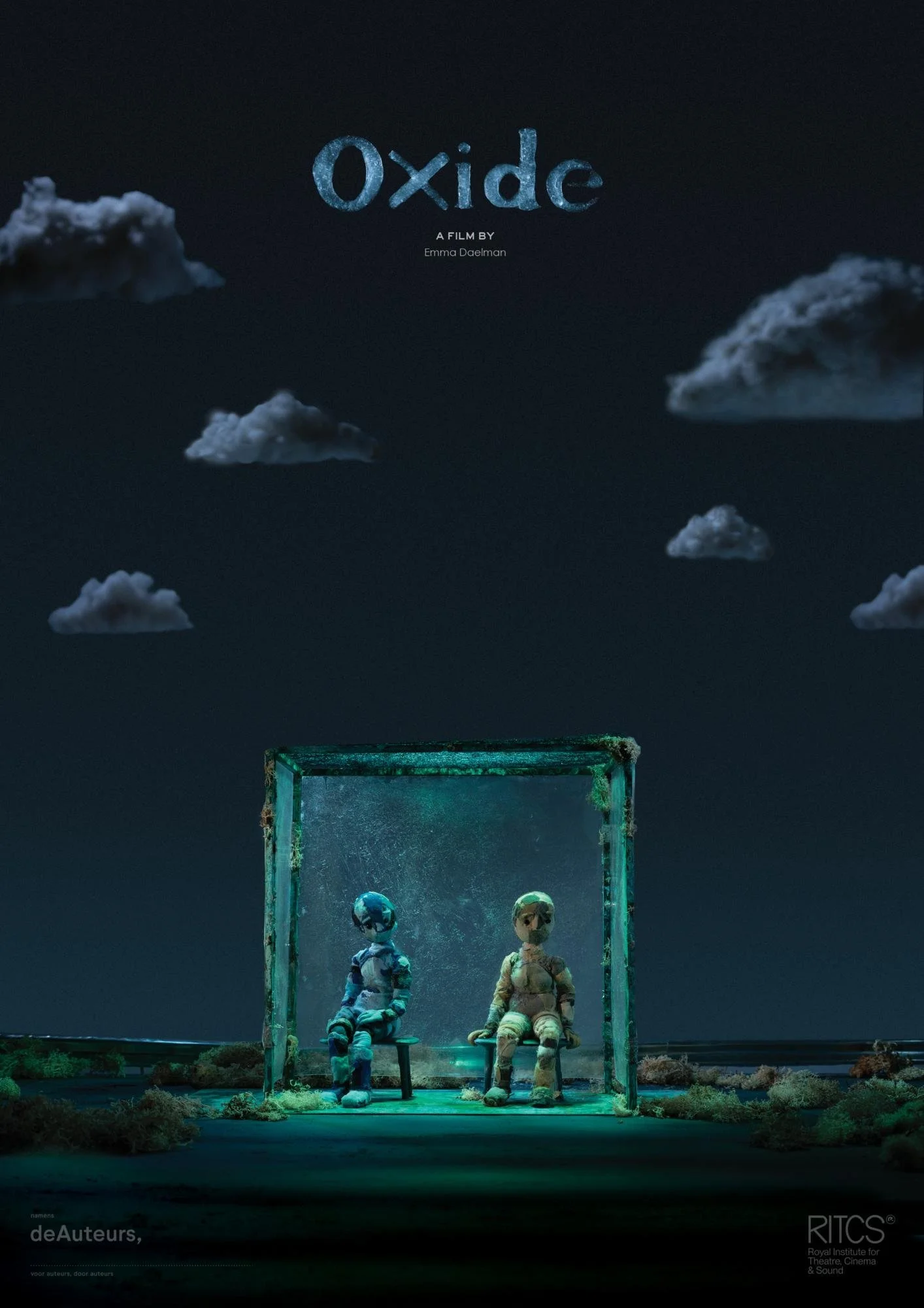 Poster for the film 'Oxide' showing two robot-like dolls sitting on benches inside a glass box, set against a dark sky with floating clouds.