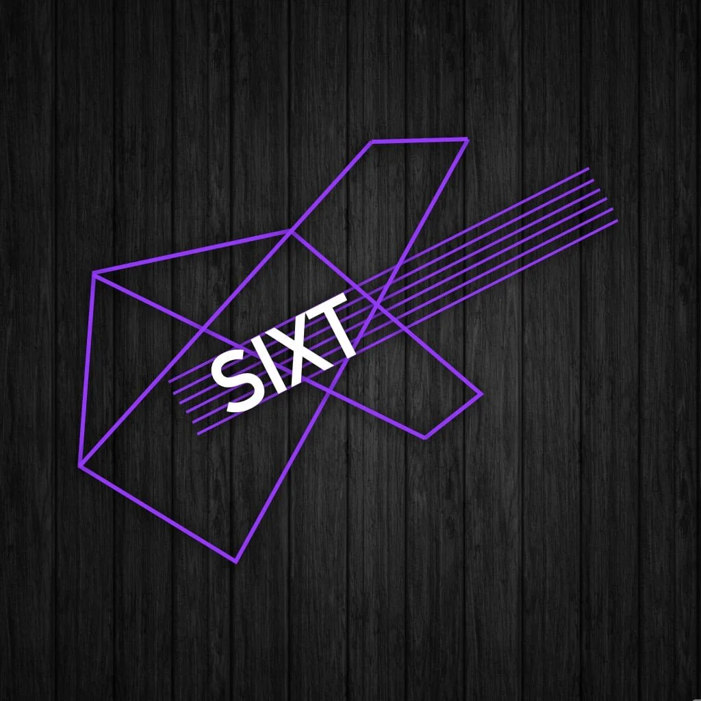 Neon-style purple lines forming geometric shapes and the word 'SIXT' on a dark wooden background.