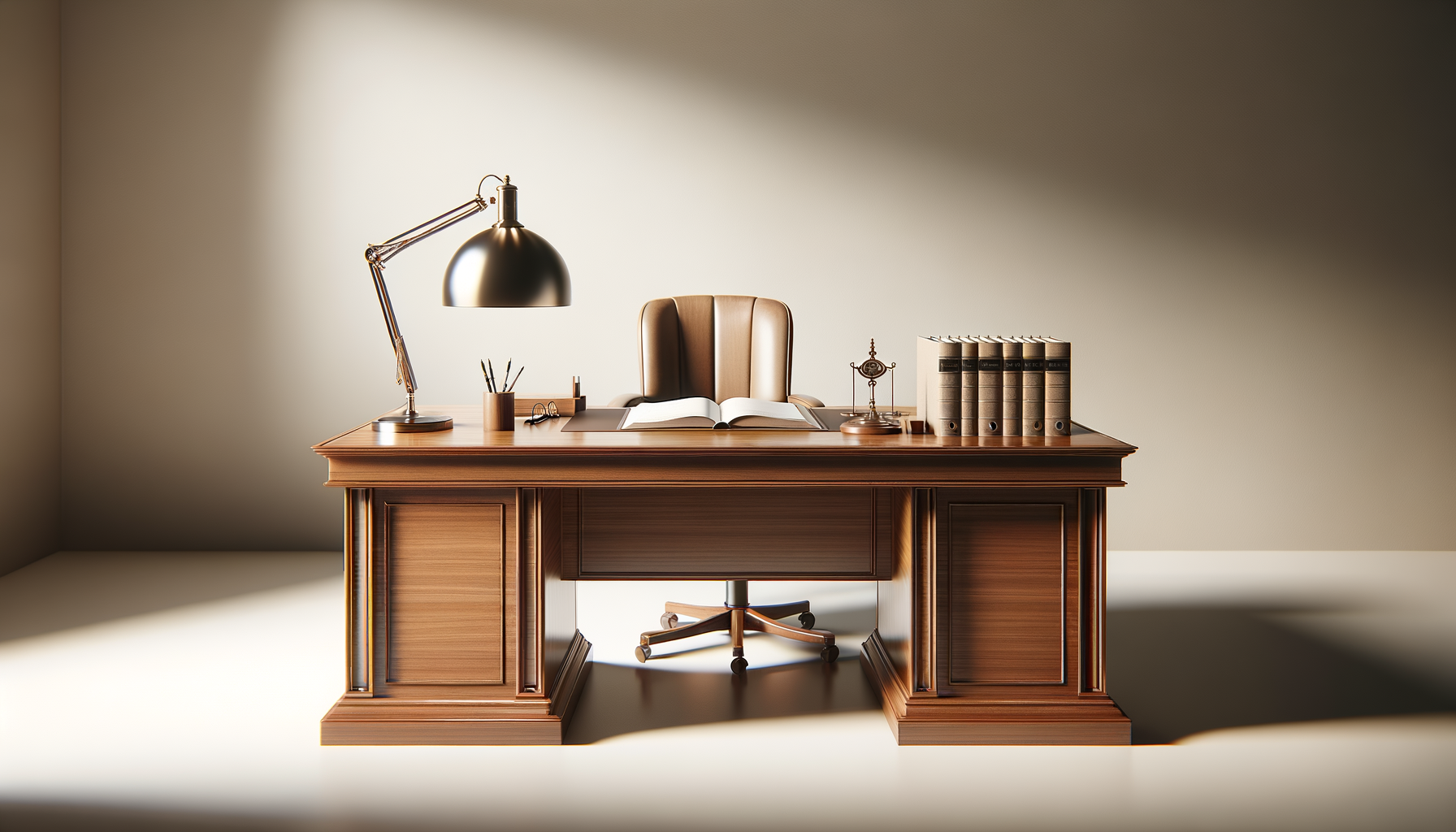 Empty wooden office desk with a leather chair, a desktop lamp, open book, small clock, pens, and a row of six binders, against a plain wall.