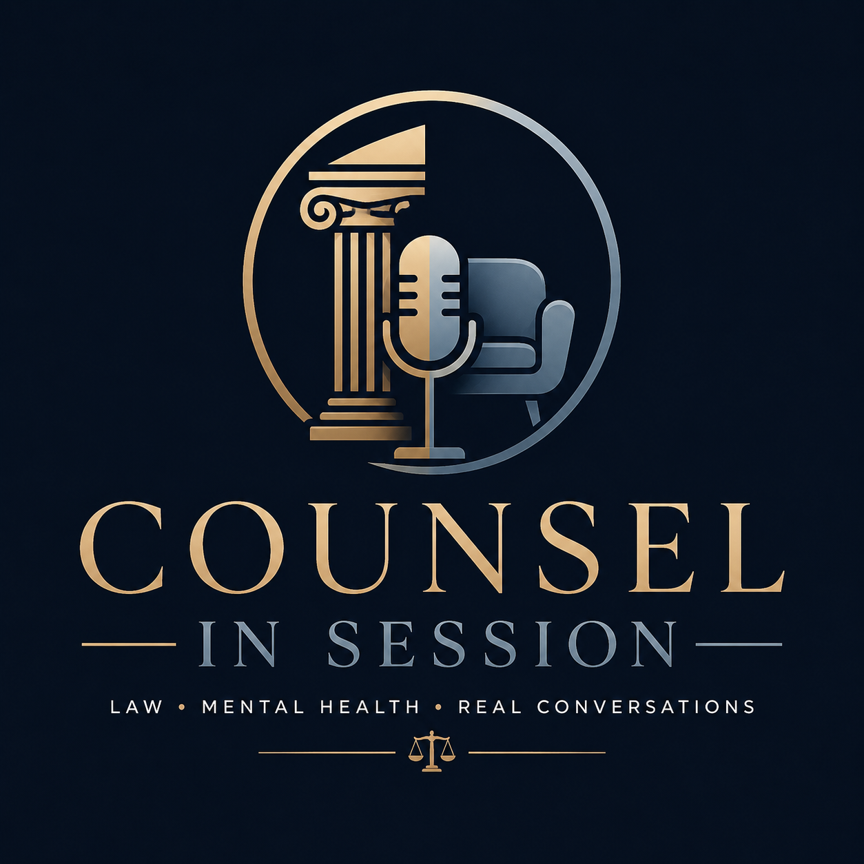 Logo for 'Counsel in Session' featuring a gold and silver microphone, a Greek column, and a chair, with text highlighting law, mental health, and real conversations.