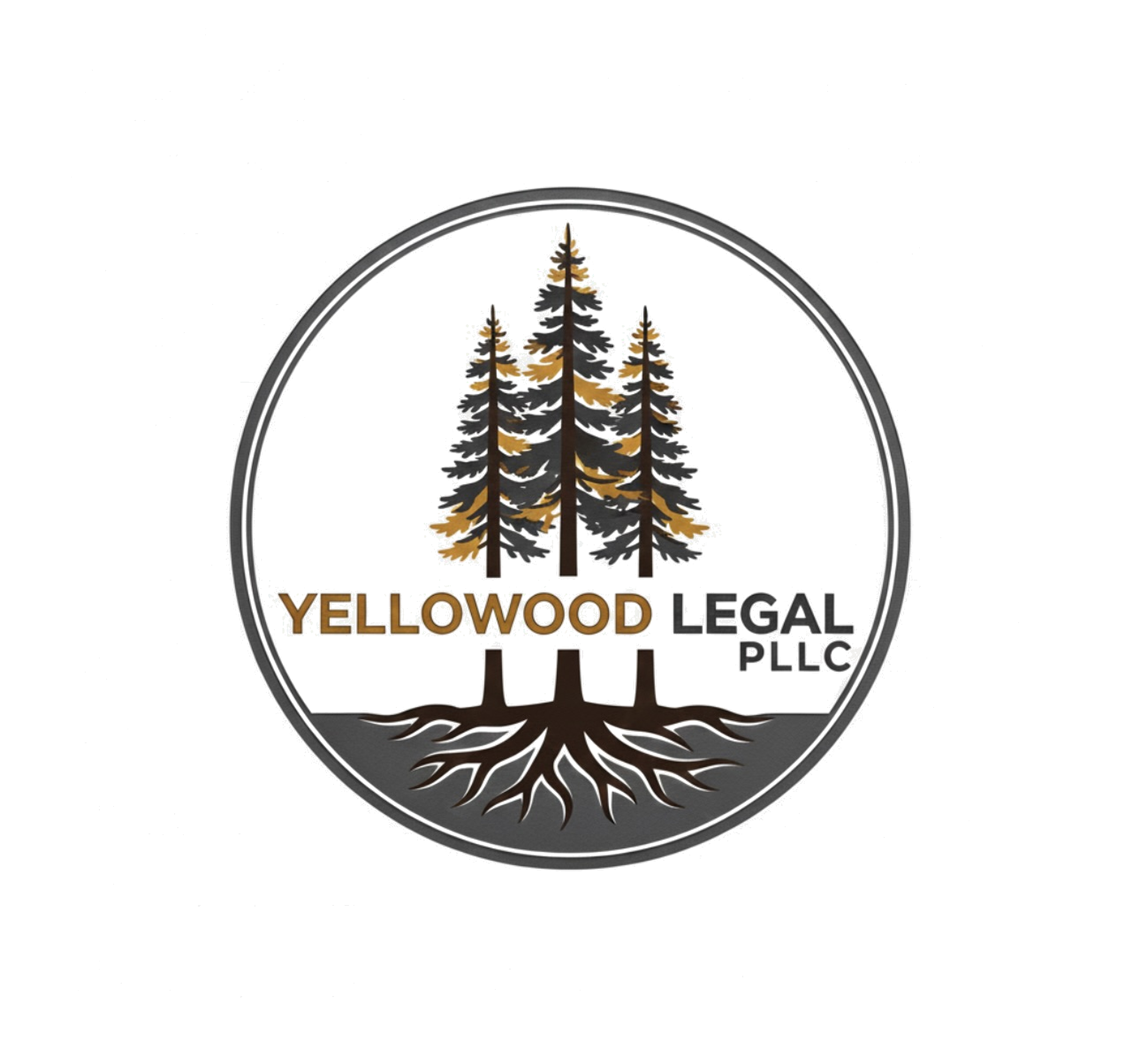 A circular logo with a black and white background features three tall pine trees in the center, with a semi-circular arch above them. Below the trees, the text reads 'YELLOWWOOD' in gold and 'LEGAL PLLC' in black.