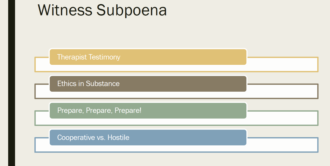 A digital presentation slide titled 'Witness Subpoena' with four colored sections labeled 'Therapist Testimony', 'Ethics in Substance', 'Prepare, Prepare, Prepare!', and 'Cooperative vs. Hostile'.