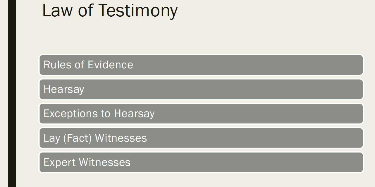 A slideshow presentation slide titled 'Law of Testimony' with five grey buttons labeled 'Rules of Evidence,' 'Hearsay,' 'Exceptions to Hearsay,' 'Lay (Fact) Witnesses,' and 'Expert Witnesses.'