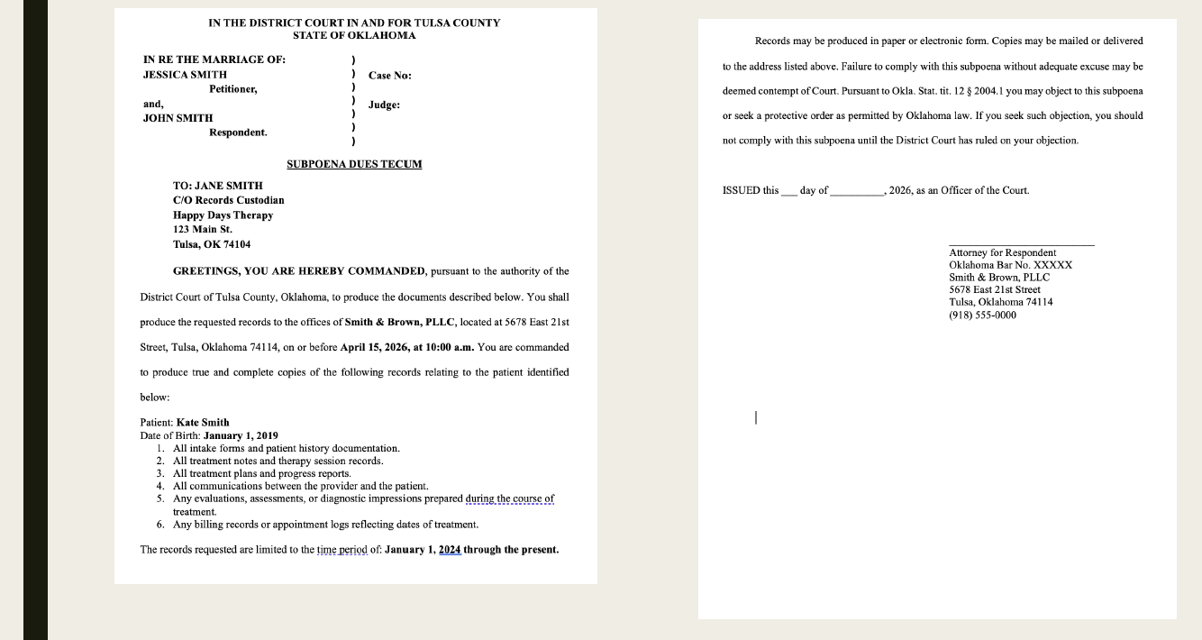 Legal document titled 'Subpoena Duces Tecum' issued in Tulsa County, Oklahoma, requiring the production of medical records for patient Kate Smith by April 15, 2026, at 10:00 a.m., addressed to Jane Smith, Records Custodian at Smith & Brown, PLLC.
