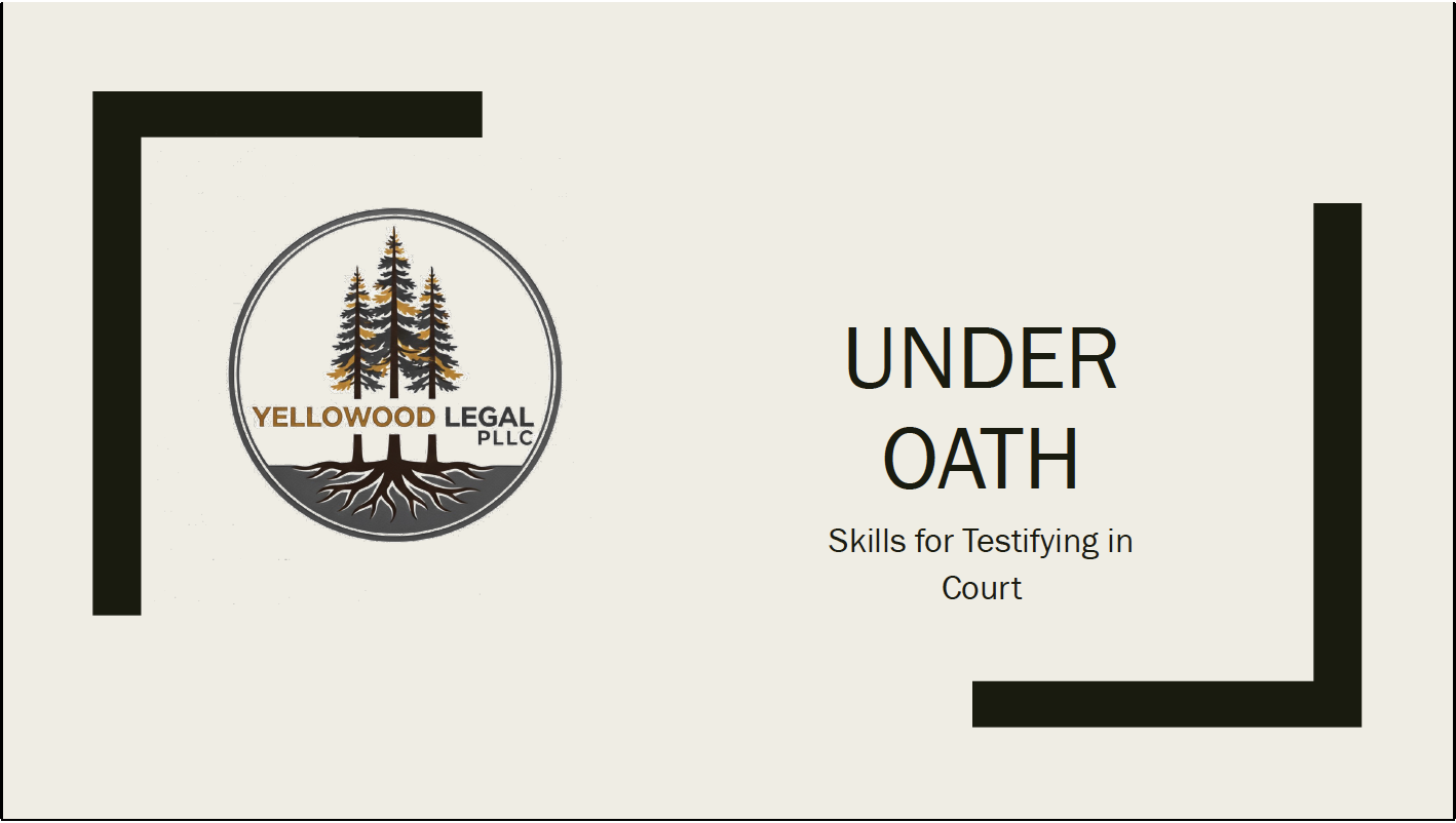 Certificate for completing skills for testifying in court, issued by Yellowood Legal PLLC, with a logo of three pine trees and roots.