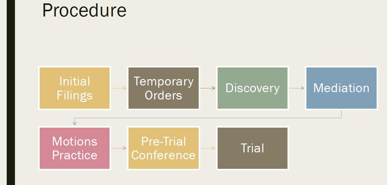 Flowchart illustrating legal procedure steps: Initial Filings, Temporary Orders, Discovery, Mediation, Motions Practice, Pre-Trial Conference, and Trial.