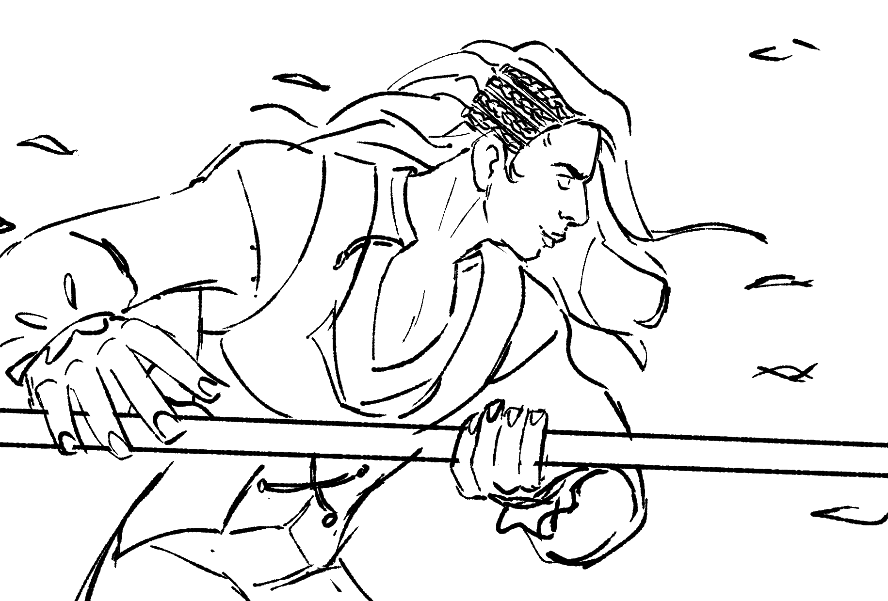 A line drawing of a woman with long hair, holding a stick, leaning forward with a concentrated expression, with leaves or petals falling around her.