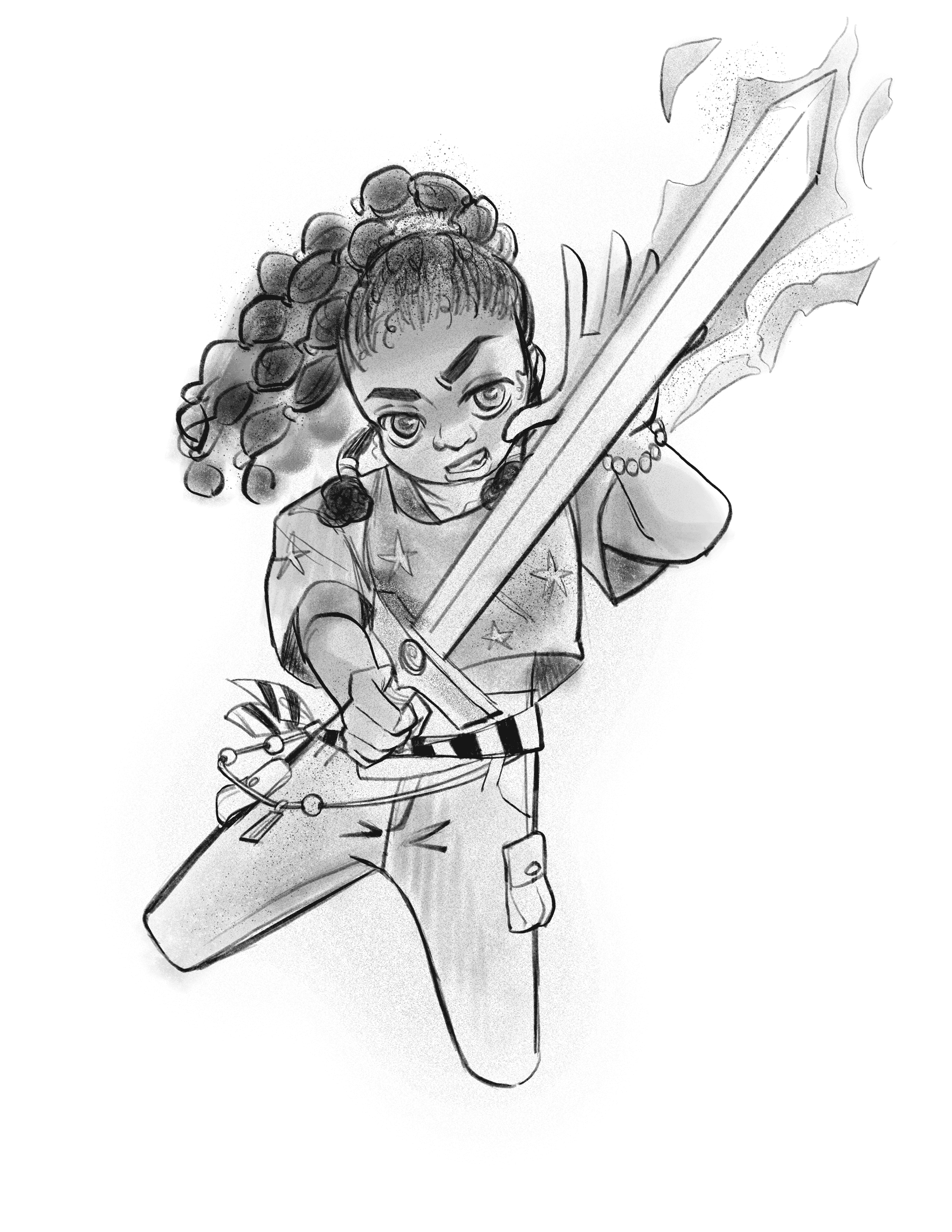 A young girl with curly hair, holding a large sword and a shield, in a dynamic pose, looking fierce and determined.