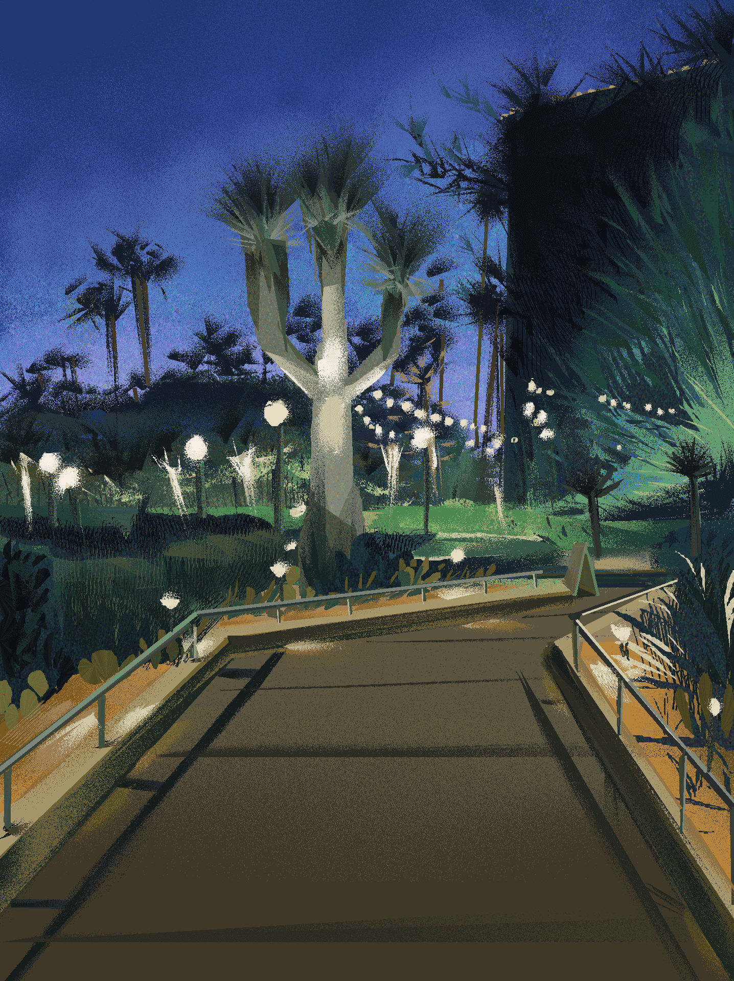 Illustration of a street at night with trees and decorative lights, under a dark blue sky.