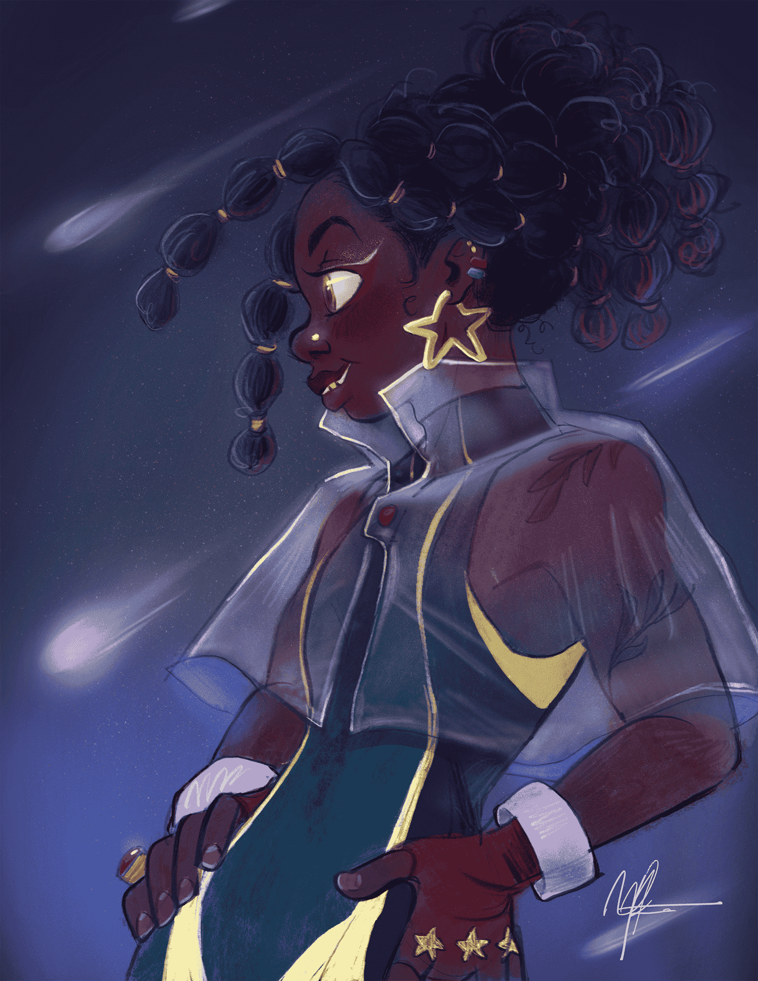 A stylized digital illustration of a woman with dark skin and curly hair, wearing a space-themed outfit with star-shaped earrings and a sheer jacket, set against a background of stars and shooting stars.