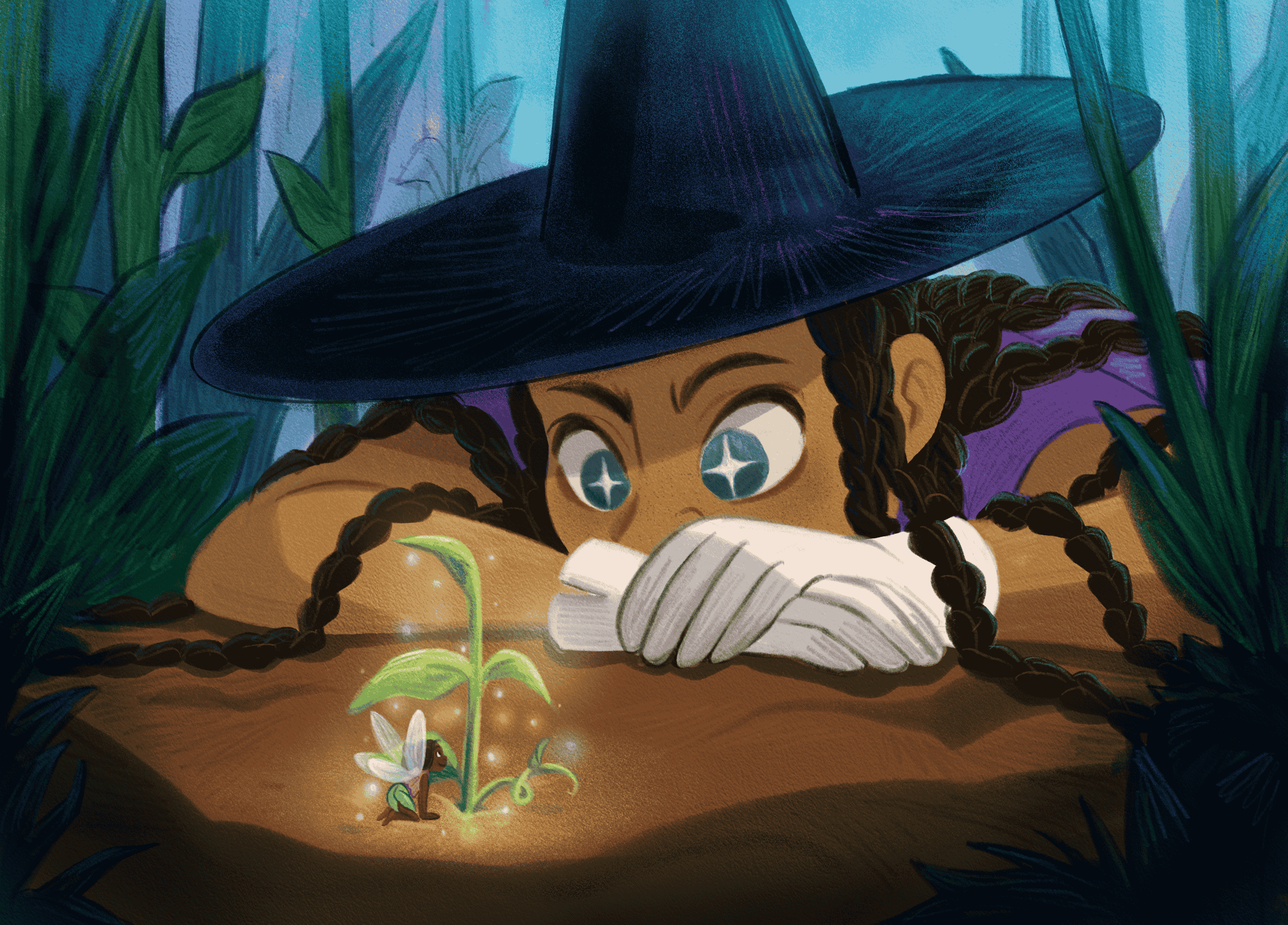 A young girl with big sparkling eyes, wearing a large witch hat, is lying on the ground, closely observing a small green plant sprouting from the soil. A tiny fairy with translucent wings is sitting near the plant, with a magical glow surrounding the