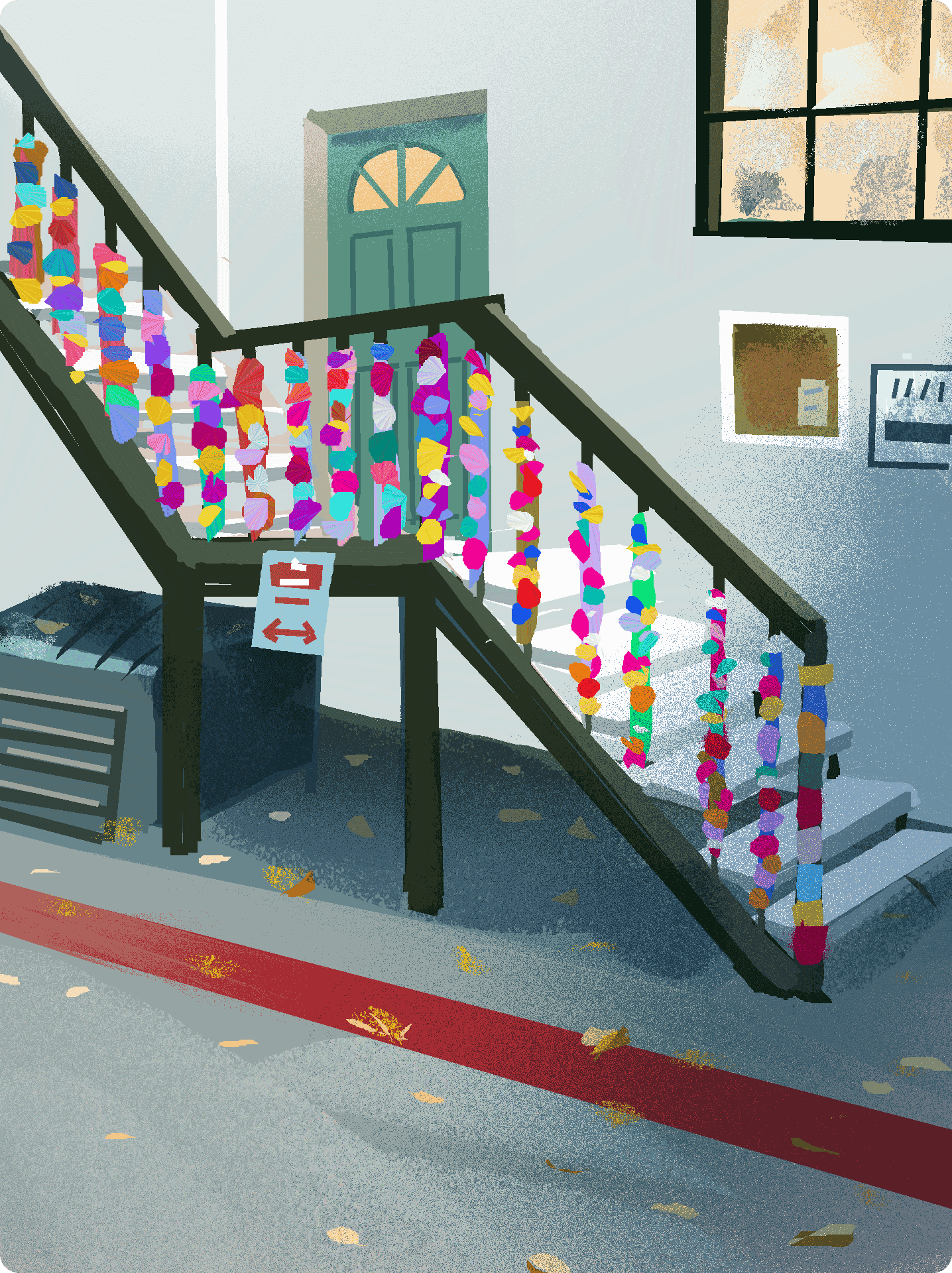 Indoor staircase decorated with colorful yarn or fabric pom-poms hanging from the railing, leading to a door and a window with a view outside.