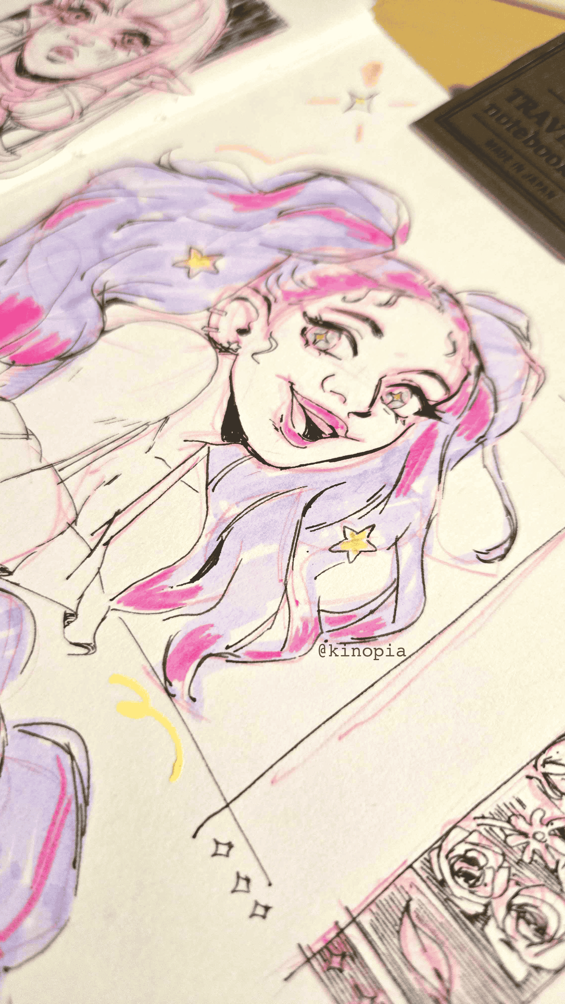 Colorful sketch of a smiling girl with starry eyes and long, flowing hair with pink and purple highlights, decorated with star-shaped accessories.