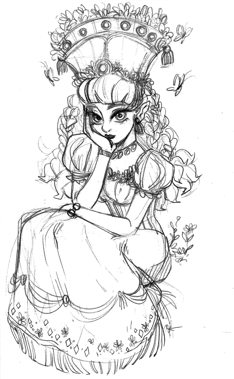Sketch of a woman with pointed ears, wearing a decorated dress and jewelry, sitting on a surface, with a parasol or decorative umbrella above her head, surrounded by butterflies.