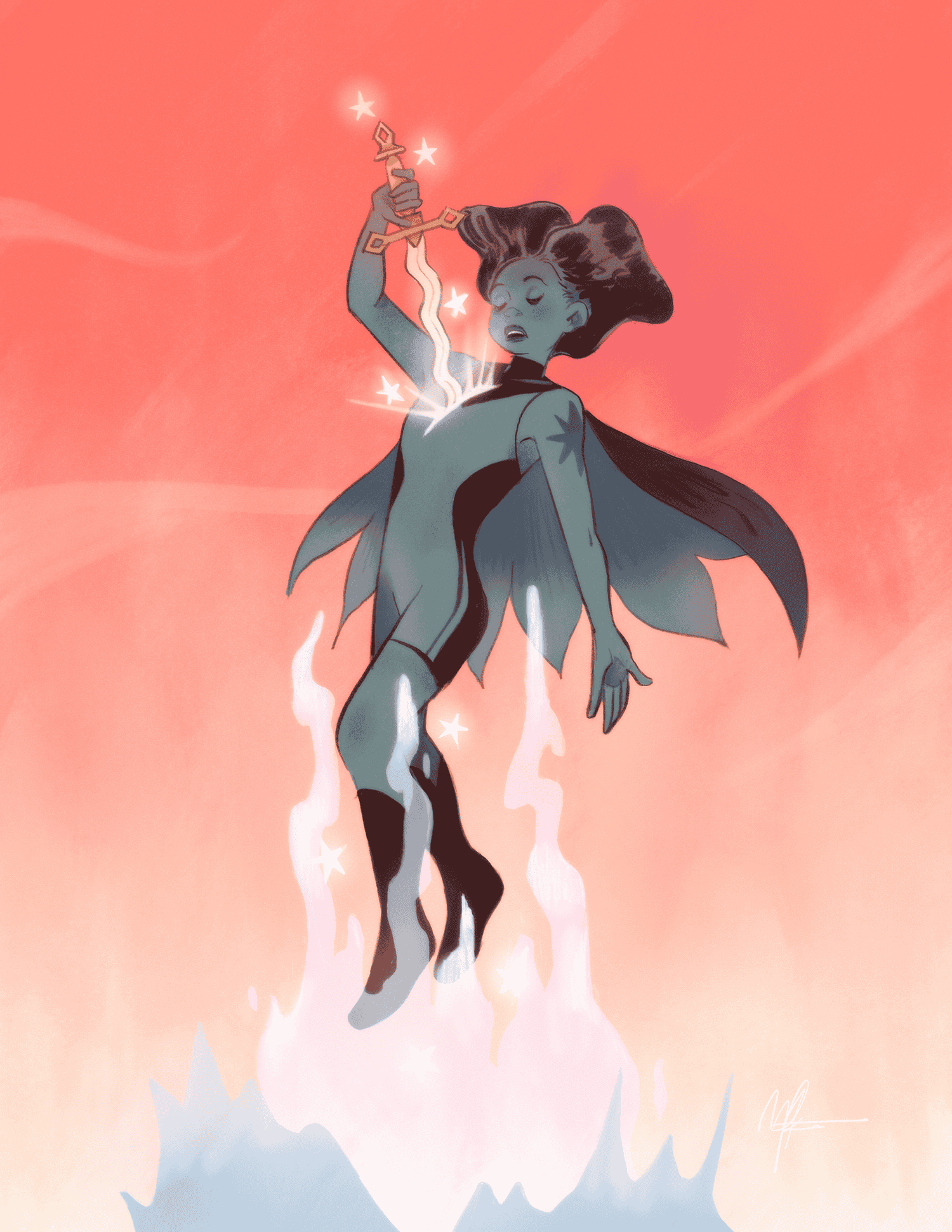 Stylized illustration of a woman with wings, floating with a sword, surrounded by a glowing aura on an orange-pink background.